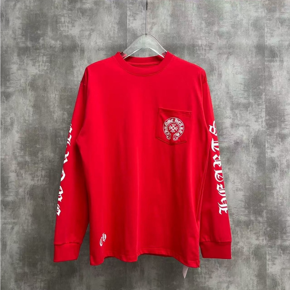 Chrome Hearts Red Pocket Long Sleeve Tee Gothic Print Unisex Streetwear
